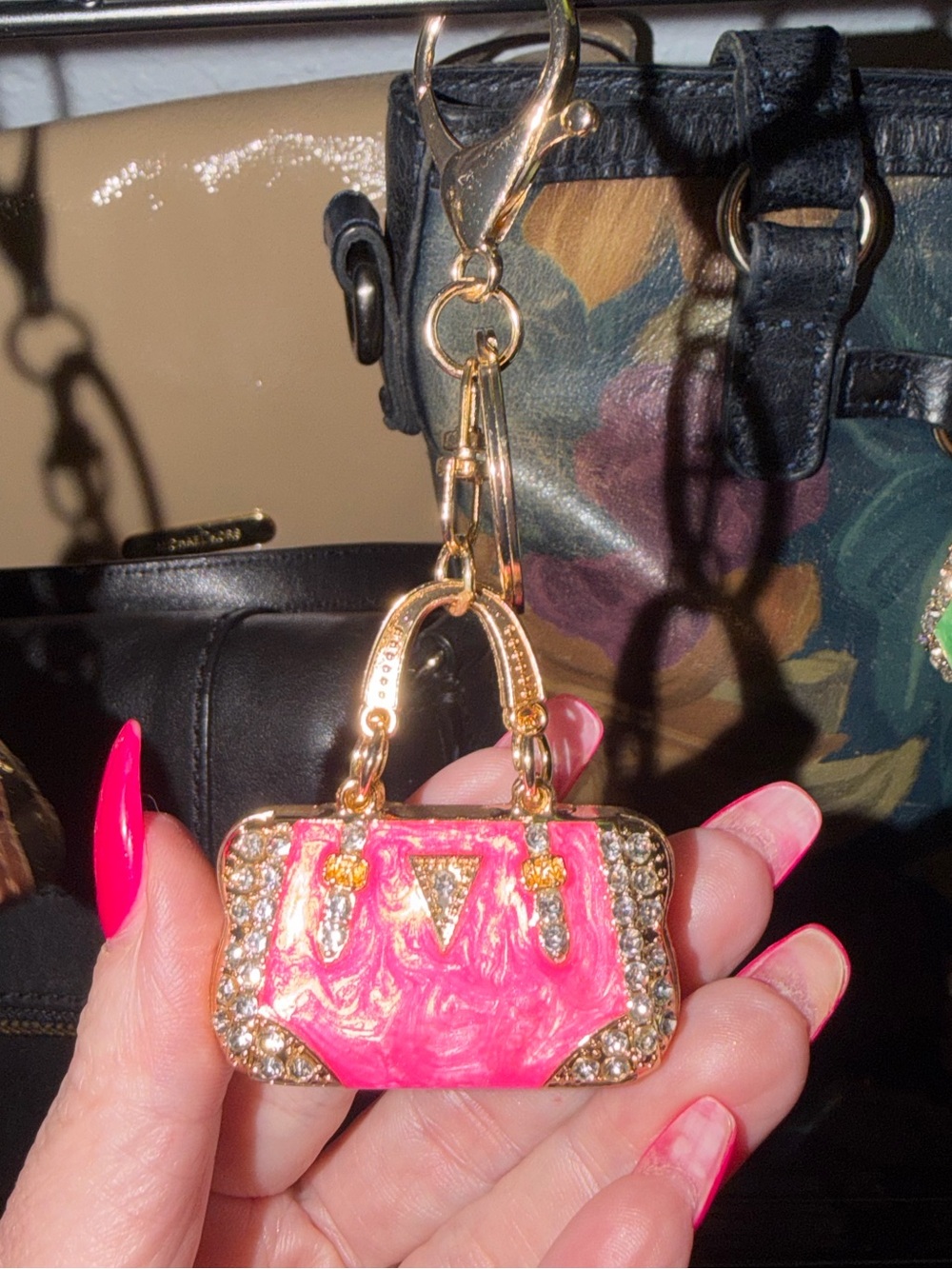 Jeweled Hot Pink Mini Bag Keychain with Gold Hardware